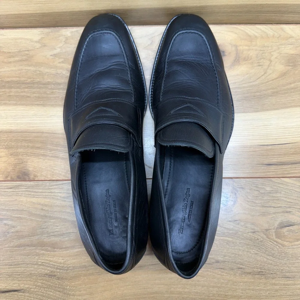 Ermenegildo ZEGNA Penny Loafers Mens 9 Black Leather Dress Formal Business